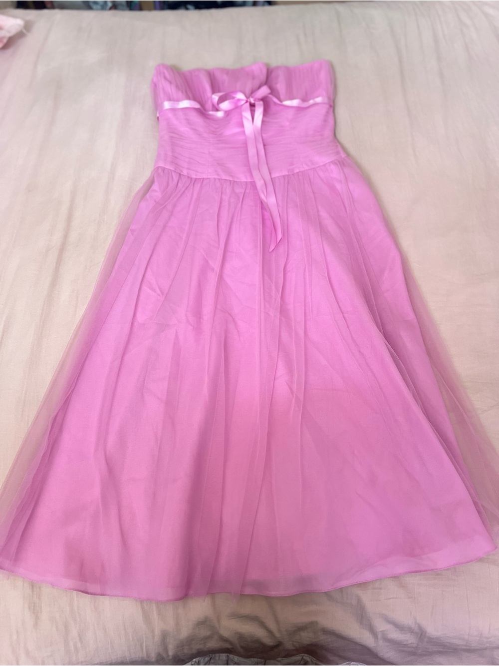 Strapless Coquette Pink Tulle Maxi Dress with Ribbon Detail